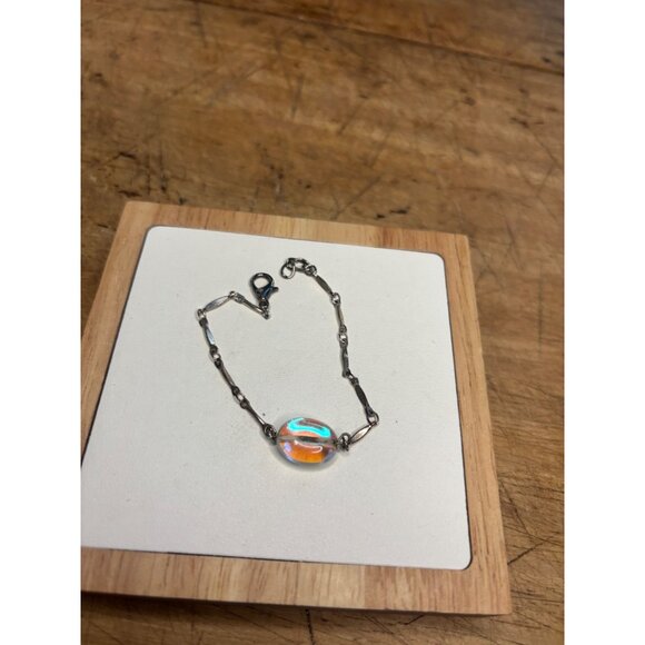 Iridescent Beaded Sterling Silver Bracelet With Oval Glass Accent & Lobster Clas - Picture 3 of 8